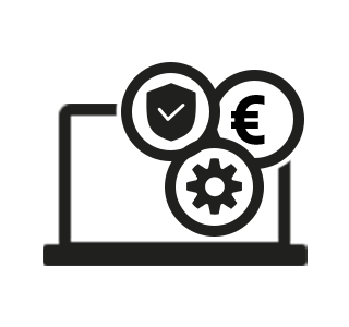 Icoon van een laptop met een Euromunt, tandwiel en schild, symbool voor de Device as a Service oplossing bij Amac Pro. Klik voor meer informatie over Device as a Service.