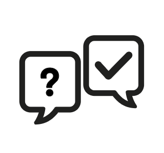 Icoon van twee spraakbubbels met een vraagteken en een &lsquo;check&rsquo;, symbool van de support die Amac Pro aan zakelijke klanten kan bieden. Klik voor onze support-oplossingen.