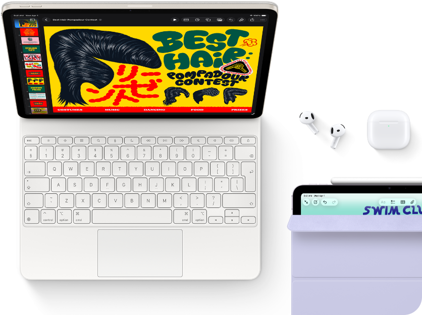 iPad Air, kleur Sterrenlicht, kleurrijke graphics op het scherm, bevestigd aan Magic Keyboard, AirPods Pro en Apple Pencil Pro-accessoires