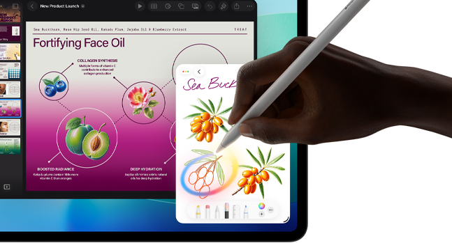 Vooraanzicht van iPad Pro, display met meerdere geopende apps en een achtergrond met kleurverloop van donkerblauw naar groen, een hand die Apple Pencil Pro vasthoudt en een schets omcirkelt met de Apple Intelligence-feature Beeldpenseel