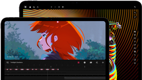 Vooraanzicht van de 13-inch iPad Pro en 11-inch iPad Pro, horizontale stand, kleur spacezwart, afgeronde hoeken, zwarte rand rond het display, 11-inch display met een kleurrijke afbeelding van een personage met rood haar, 13-inch display met elementen van een interface voor het bewerken van kleurrijke foto’s