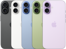 iPhone 17, achterkant, Fusion dual camera-systeem, alle vijf kleuren overlappend: Zwart, Wit, Saliegroen, Nevelblauw en Lavendel