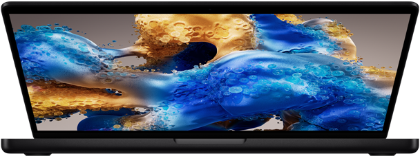 Deels geopende MacBook Pro met een kleurrijk scherm