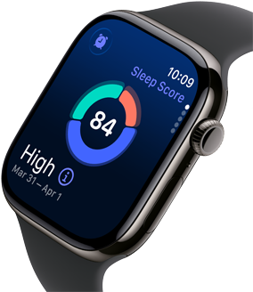 Close-up van Apple Watch Series 11 met een kast van leisteen titanium, slaapscore op het display